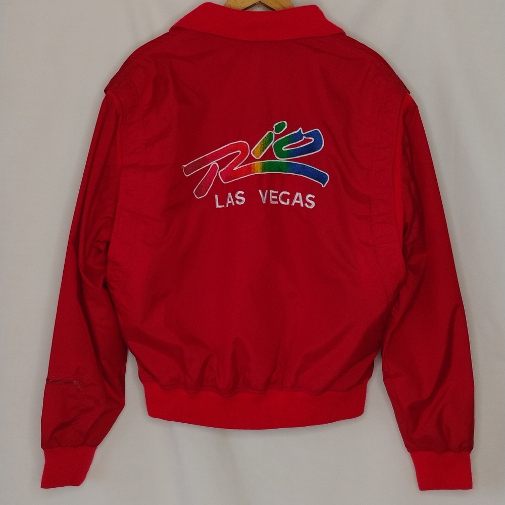 Men's Vintage Embroidered Rainbow Rio Las Vegas Retro Red Varsity Bomber Jacket
